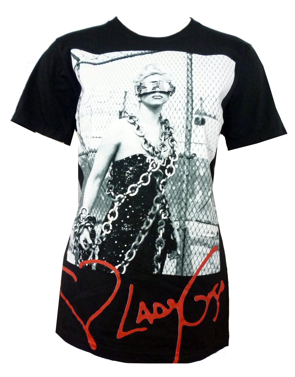 Lady Gaga cigarettes graphic on a black womens t-shirt.