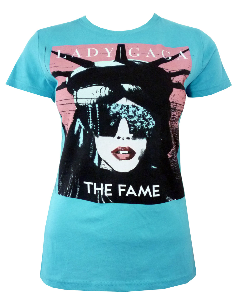 Lady Gaga liberty graphic on a turquoise women's t-shirt.
