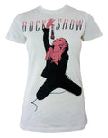 Lady Gaga rock show graphic on a white women's t-shirt.