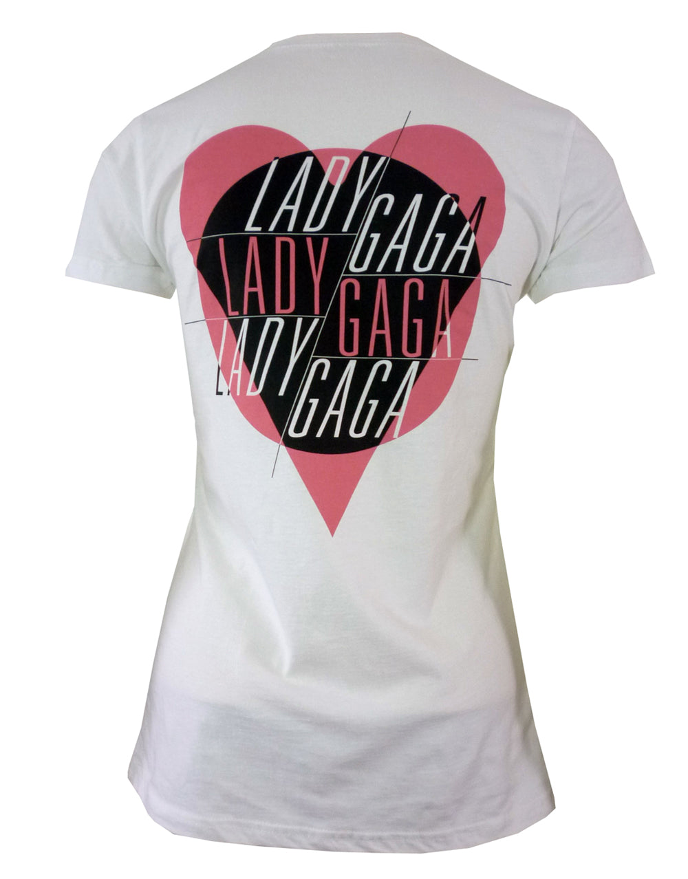 Lady Gaga rock show graphic on a white women's t-shirt.