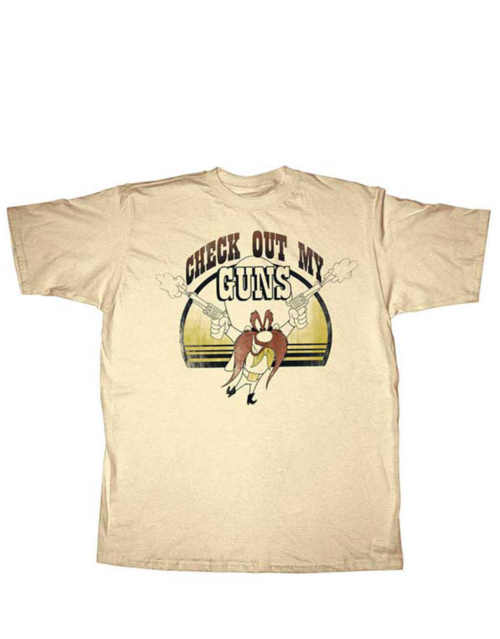Looney Tunes Yosemite bang bang graphic on a cream adult t-shirt.