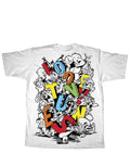 Looney Tunes pile graphic on a white adult t-shirt.