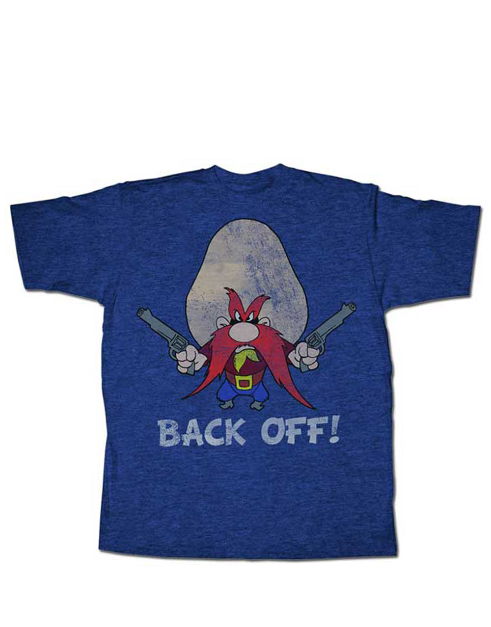 Looney Tunes Yosemite back off graphic on a heathered blue adult t-shirt.