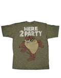 Looney Tunes Taz here 2 party graphic on a heathered brown adult t-shirt.