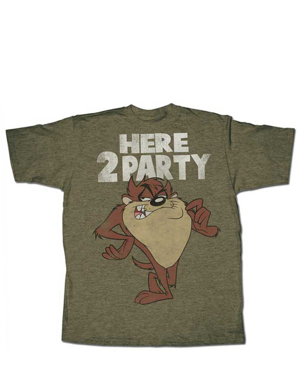 Looney Tunes Taz here 2 party graphic on a heathered brown adult t-shirt.