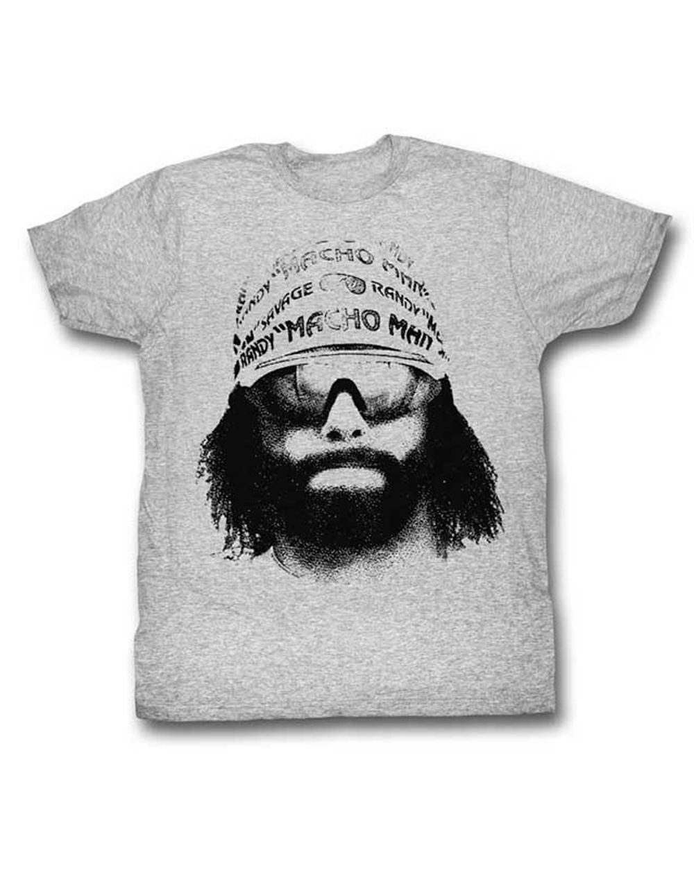 WWE Macho Man face graphic on a heathered grey adult t-shirt.