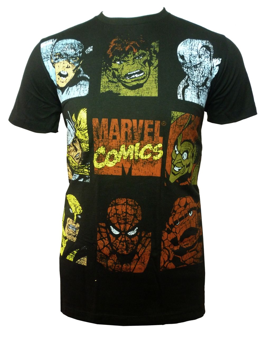 Marvel Avengers marvel comics graphic on a black adult t-shirt.