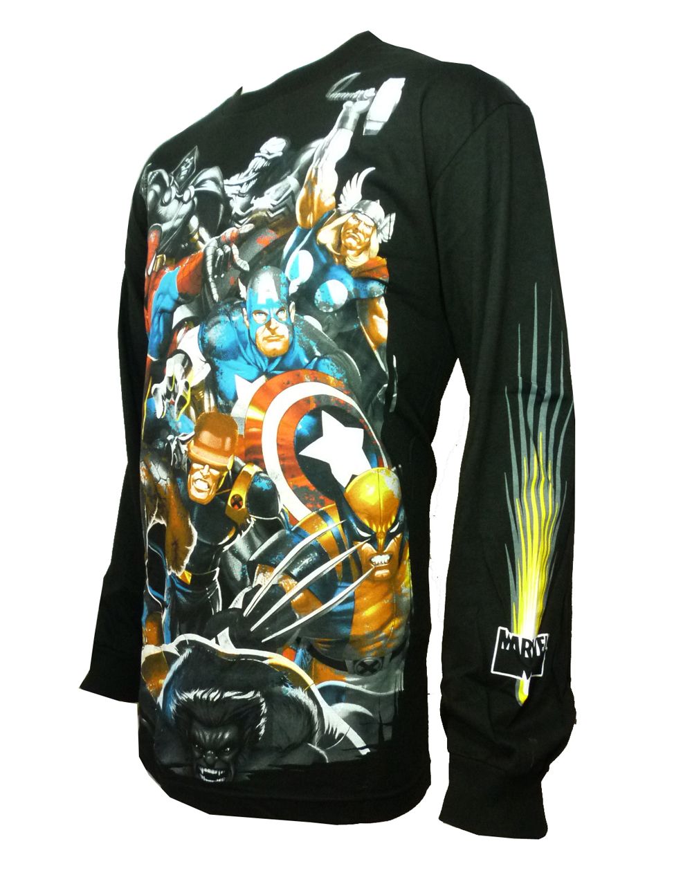 Marvel Avengers group rage graphic on a black adult long sleeve top