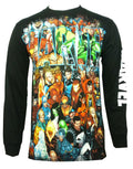 Marvel Avengers comic characters graphic on a black adult long sleeve top.