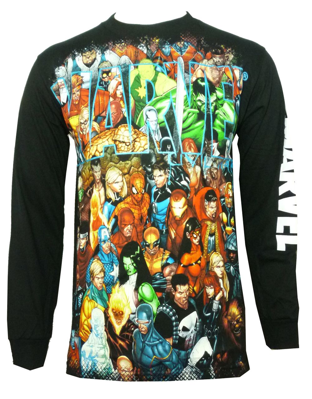 Marvel Avengers comic characters graphic on a black adult long sleeve top.