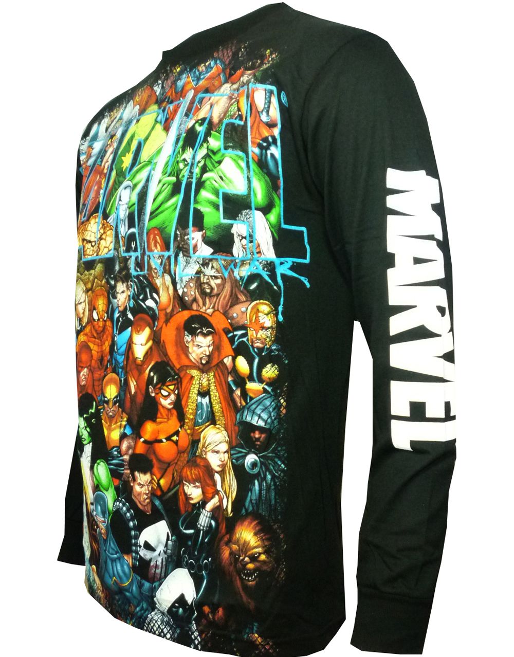 Marvel Avengers comic characters graphic on a black adult long sleeve top.