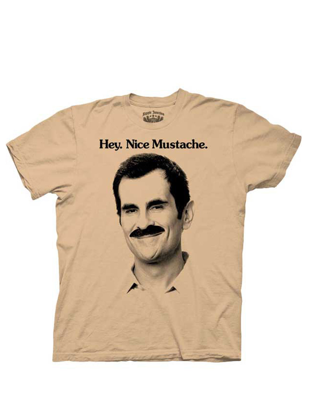 Nice moustache graphic on a beige adult t-shirt.