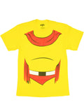 Mighty Mouse man or mouse costume graphic on a yellow adult t-shirt.