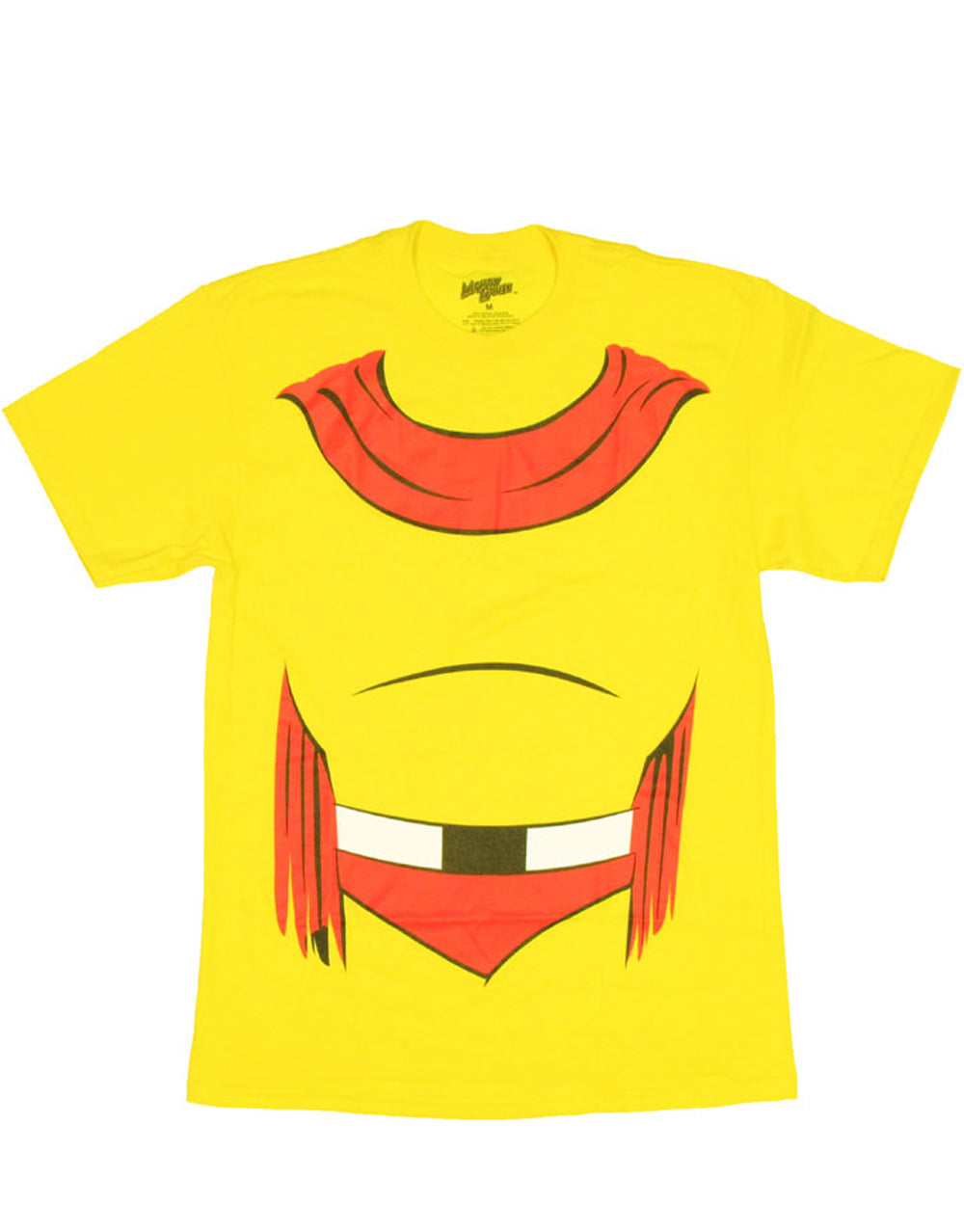 Mighty Mouse man or mouse costume graphic on a yellow adult t-shirt.