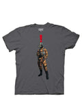 Surprised soldier graphic on a grey adult t-shirt.