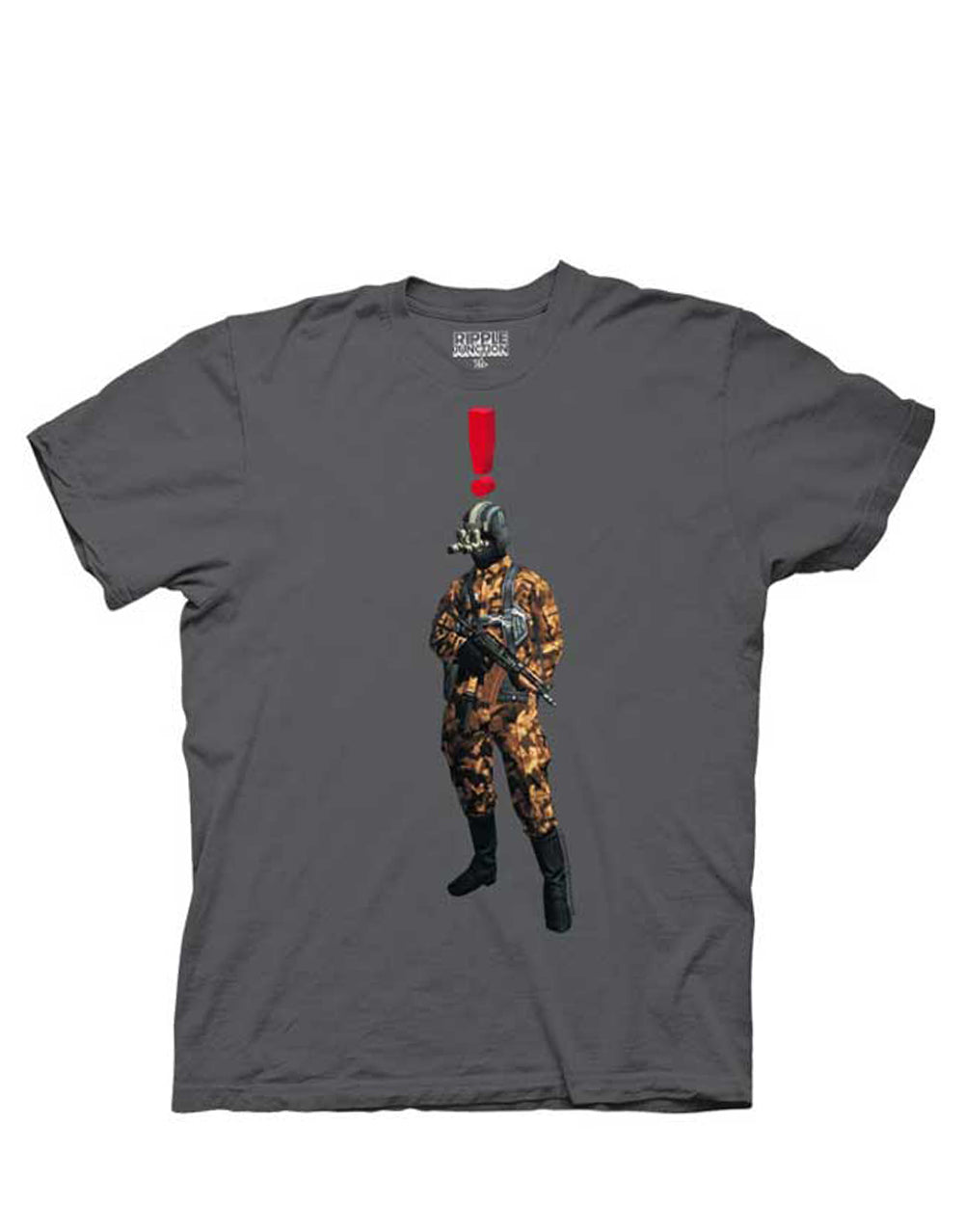 Surprised soldier graphic on a grey adult t-shirt.