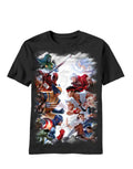 Marvel vs Capcom gods graphic on a black adult t-shirt.