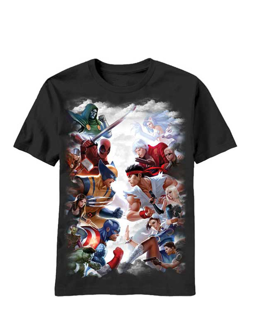 Marvel vs Capcom gods graphic on a black adult t-shirt.