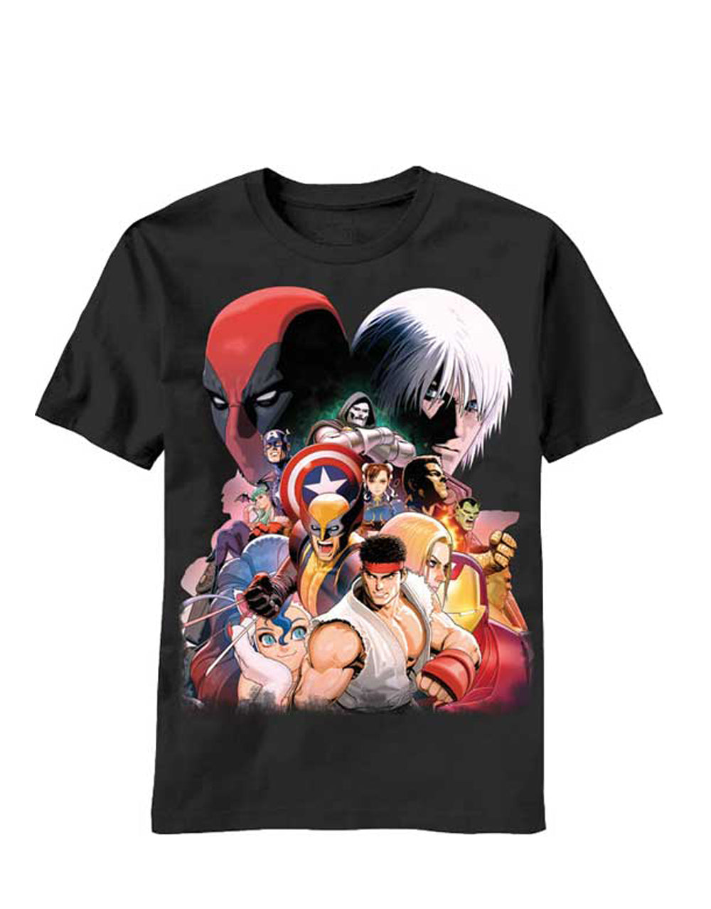 Marvel vs Capcom big domes graphic on a black adult t-shirt.