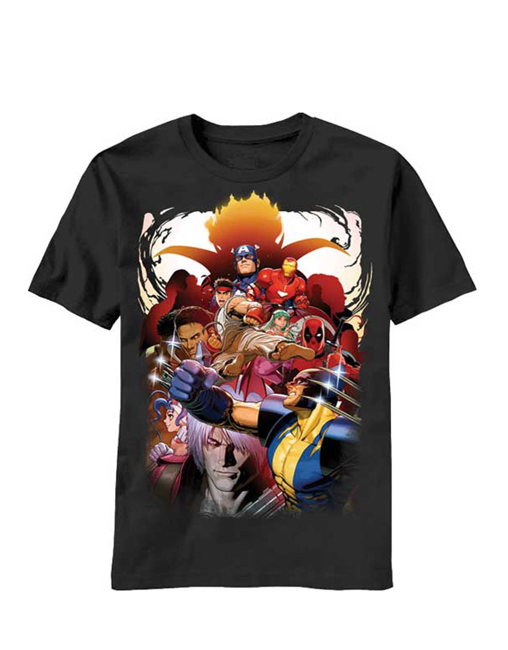Marvel vs Capcom huge group graphic on a black adult t-shirt.