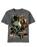 Marvel vs Capcom team combo graphic on a grey adult t-shirt.