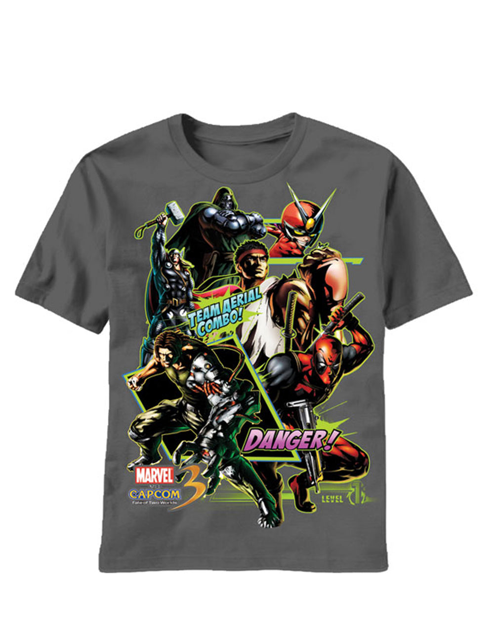 Marvel vs Capcom team combo graphic on a grey adult t-shirt.