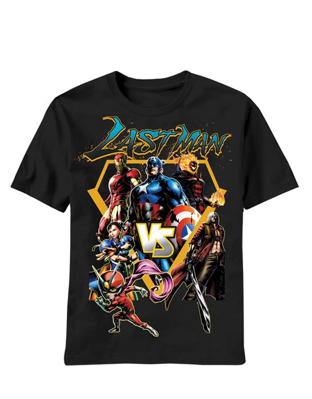 Marvel vs Capcom last man graphic on a black adult t-shirt.
