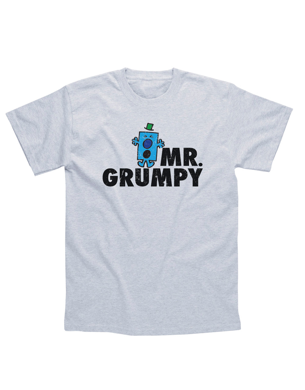 Mr Men Mr Grumpy graphic on a heathered grey adult t-shirt.