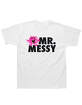 Mr Men Mr Messy graphic on a white adult t-shirt.