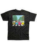 Mr Men Abbey Road graphic on a black adult t-shirt.