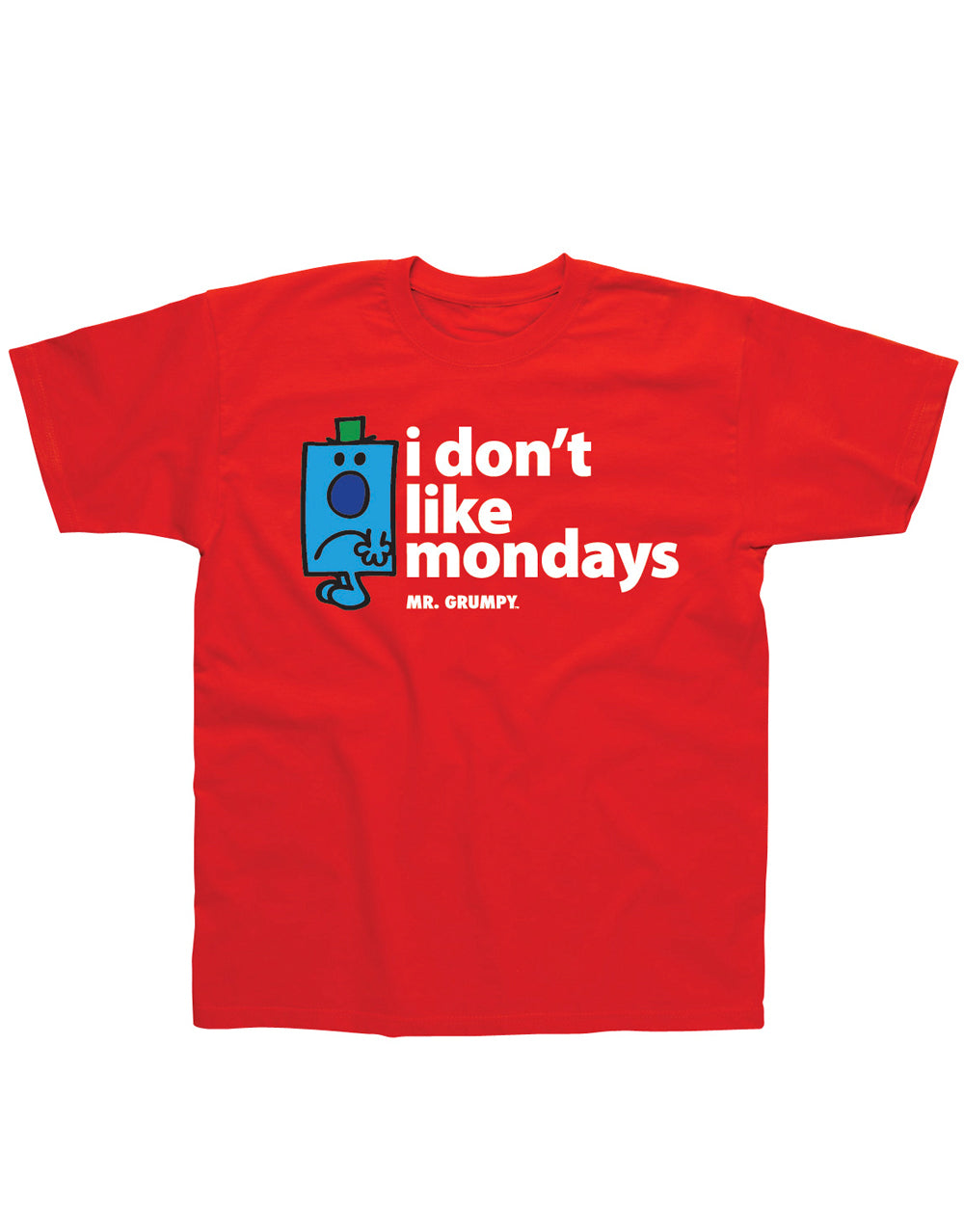 Mr Men don't like Mondays graphic on a red adult t-shirt.