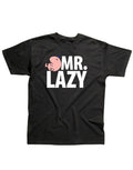 Mr Men Mr Lazy graphic on a black adult t-shirt.