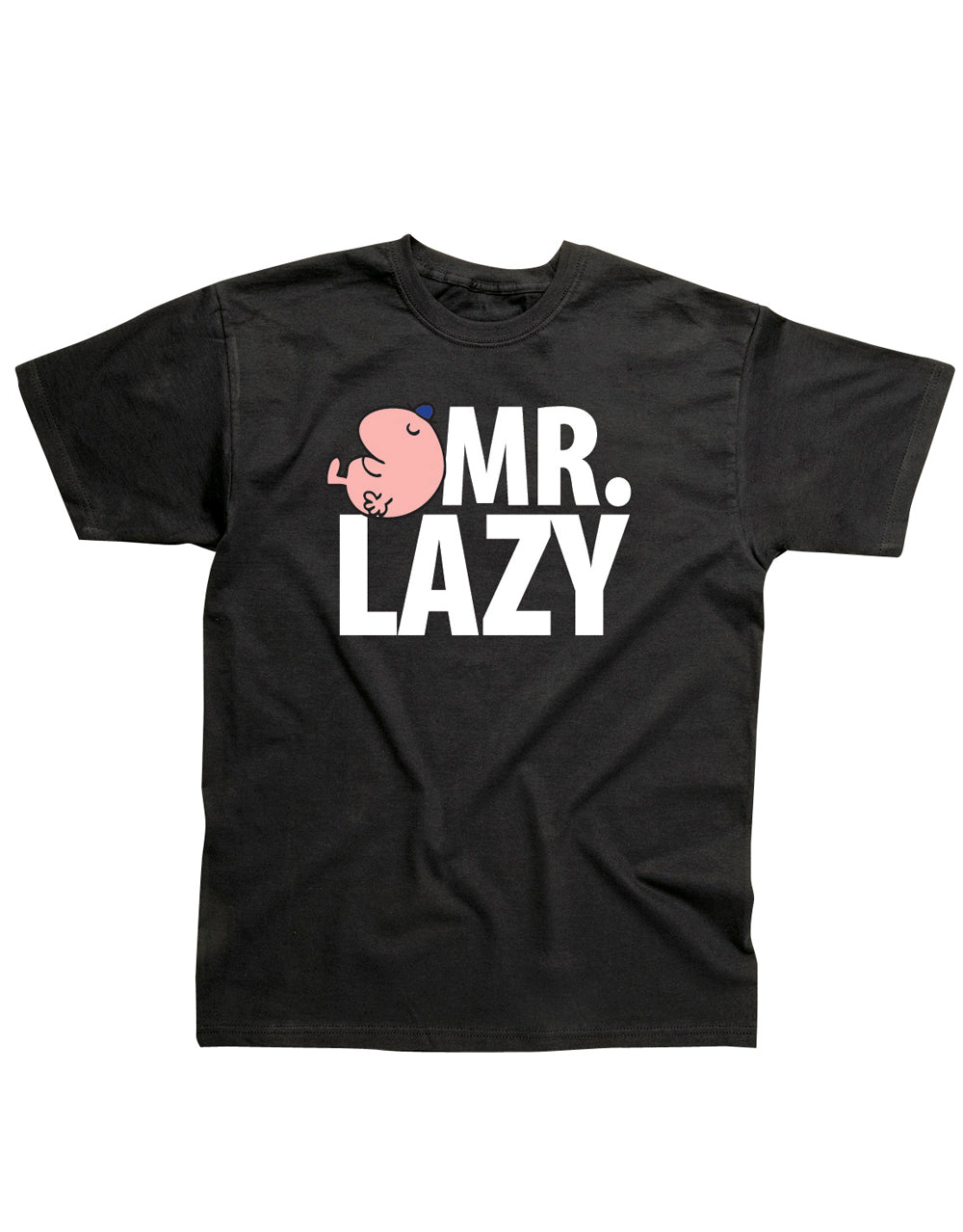 Mr Men Mr Lazy graphic on a black adult t-shirt.