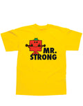 Mr Men Mr Strong graphic on a yellow adult t-shirt.
