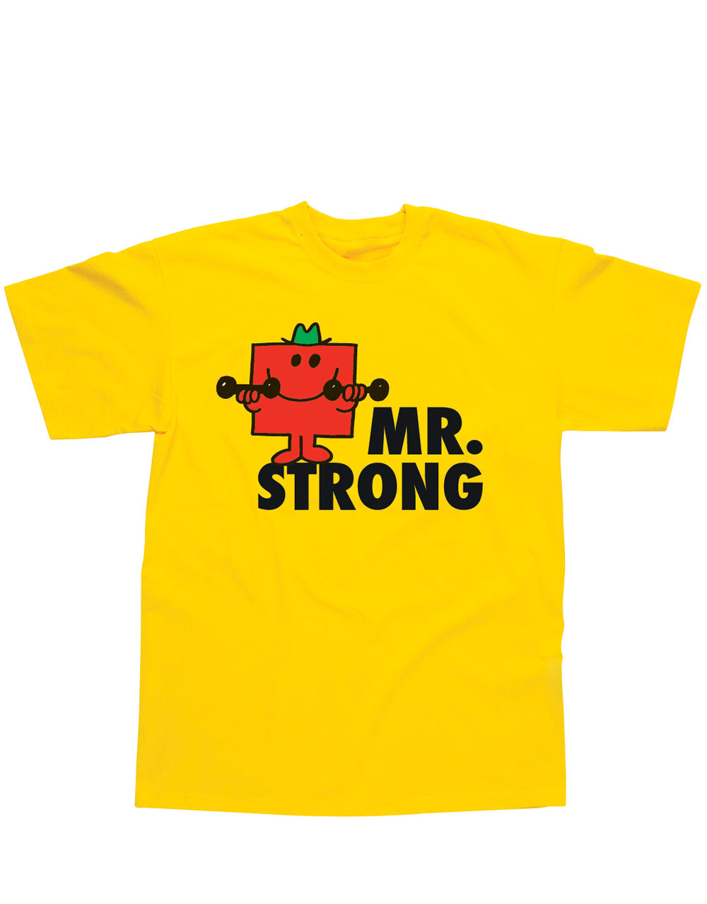 Mr Men Mr Strong graphic on a yellow adult t-shirt.