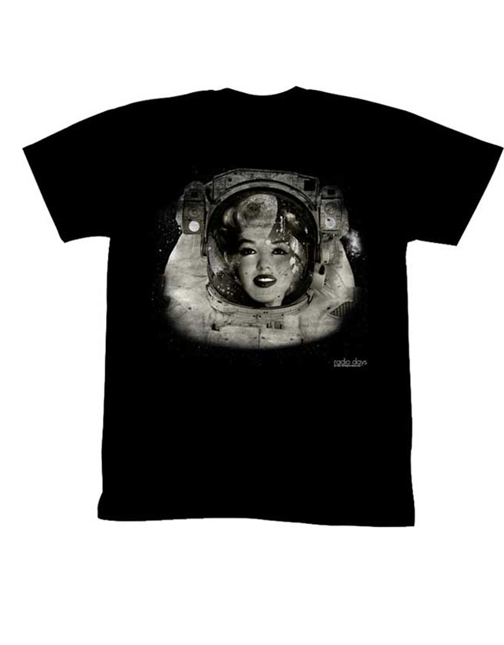 Marilyn Monroe space graphic on a black adult t-shirt.