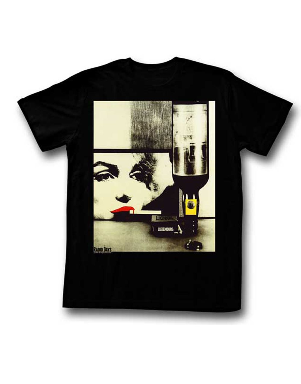 Marilyn Monroe Radio Days graphic on a black adult t-shirt.
