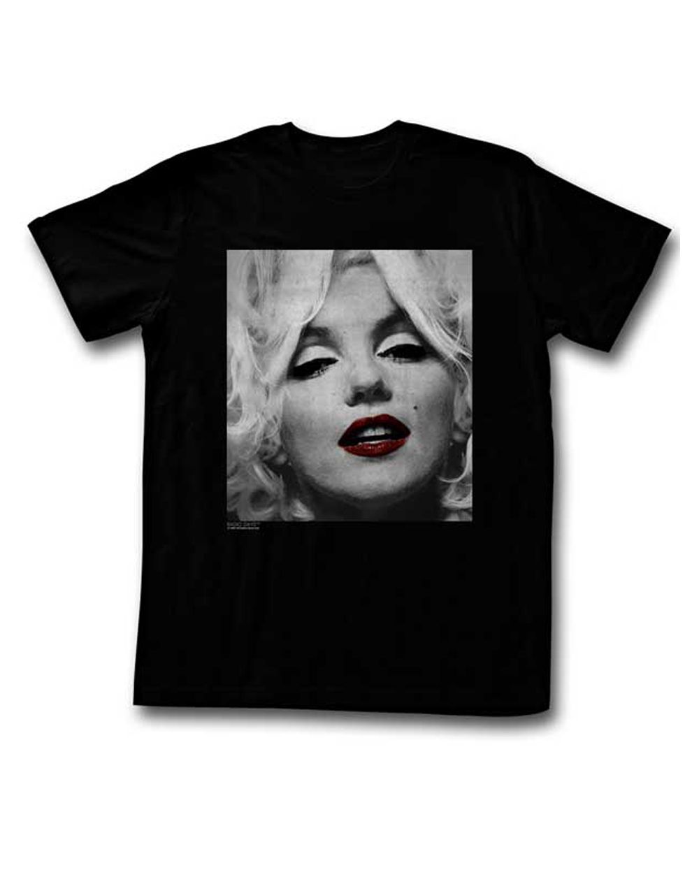Marilyn Monroe sultry graphic on a black adult t-shirt.