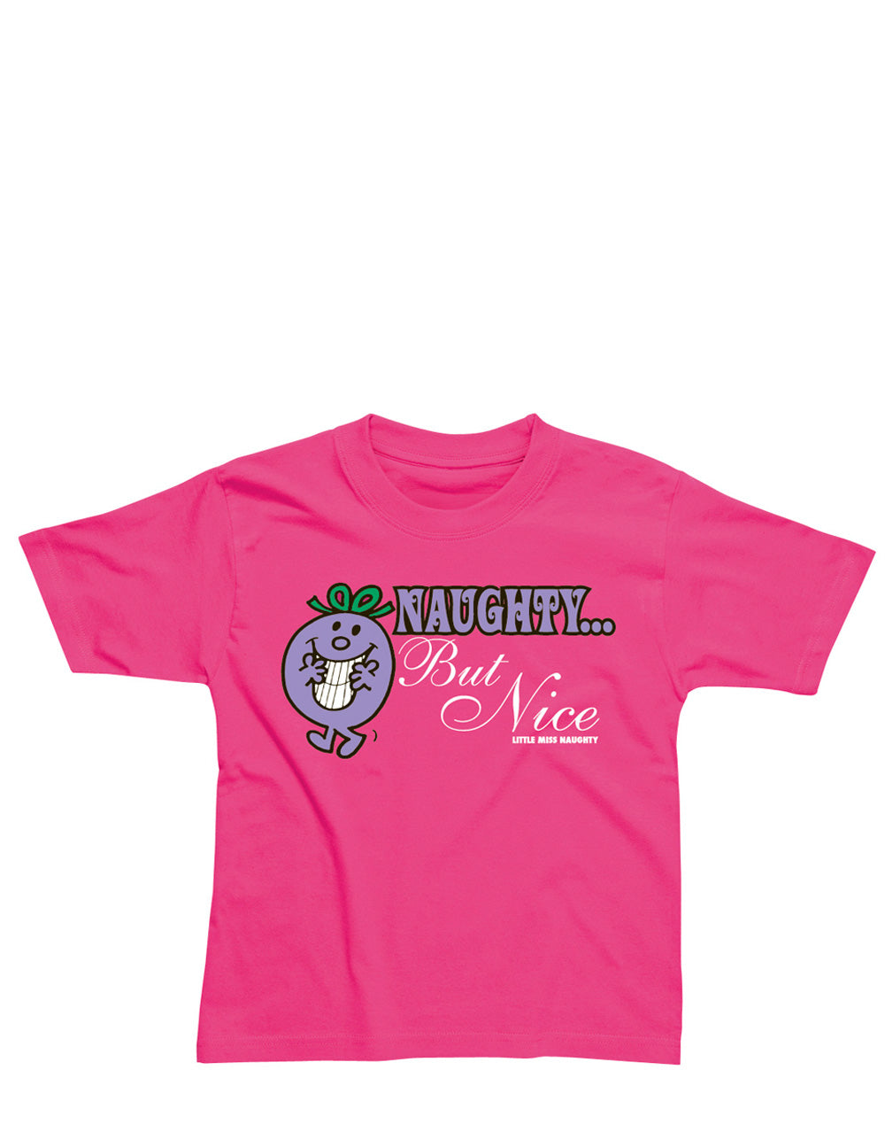 Little Miss naughty but nice graphic on a cerise kids t-shirt.