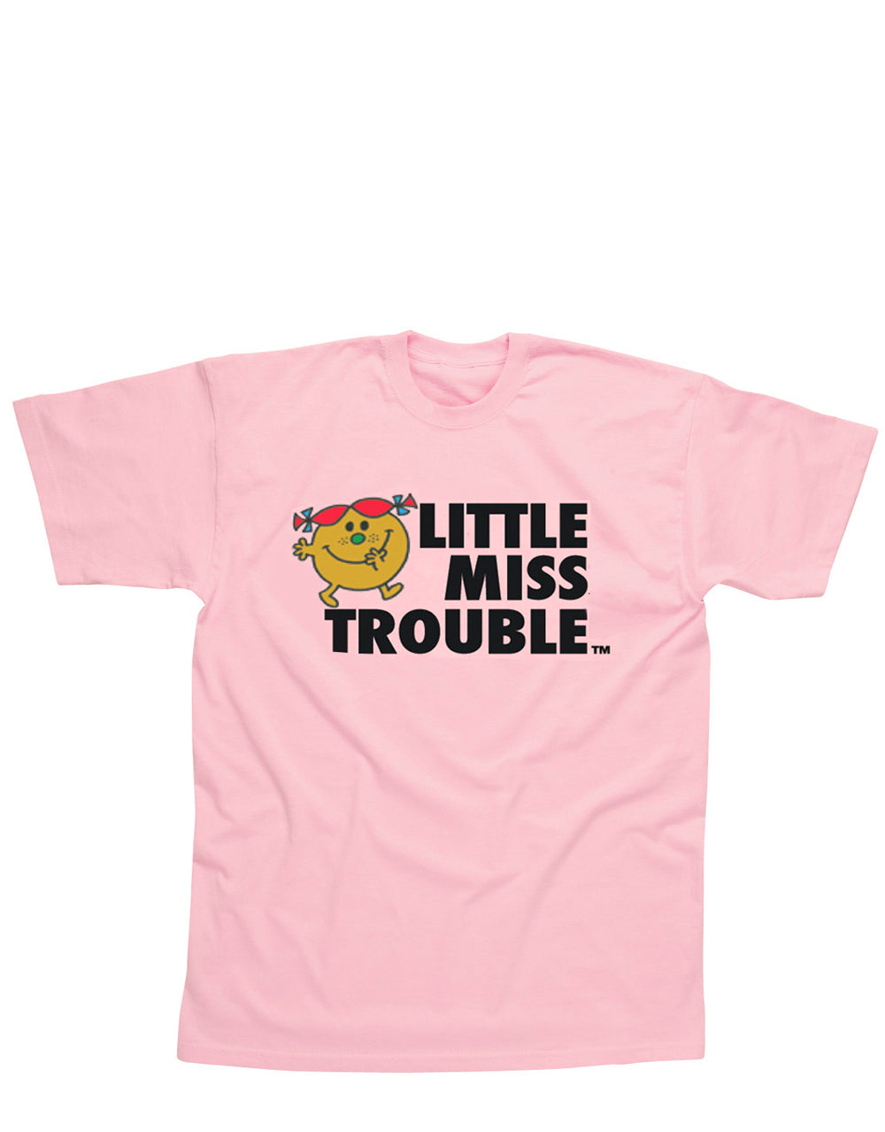 Little Miss Trouble graphic on a pink kids t-shirt.