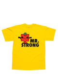 Mr Men Mr Strong graphic on a yellow kids t-shirt.
