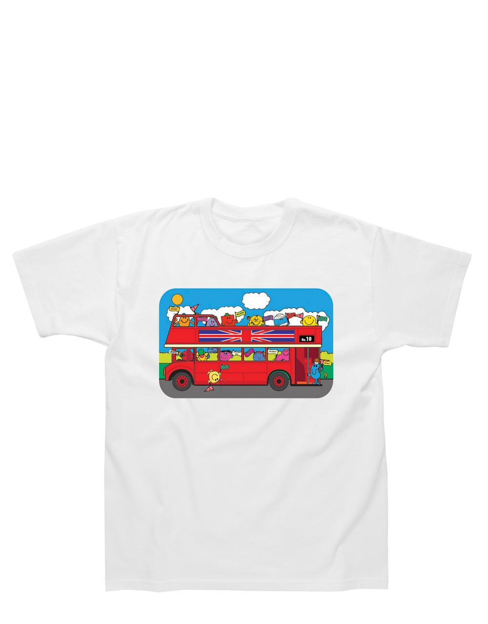 Mr Men bus graphic on a white kids t-shirt.