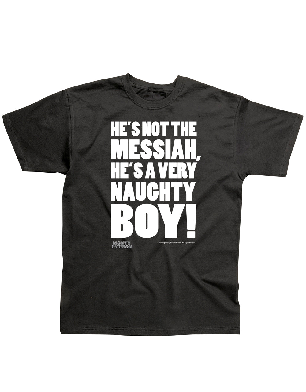 Monty Python messiah graphic on a black adult t-shirt.