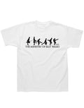 Monty Python ministry of silly walks graphic on a white adult t-shirt.