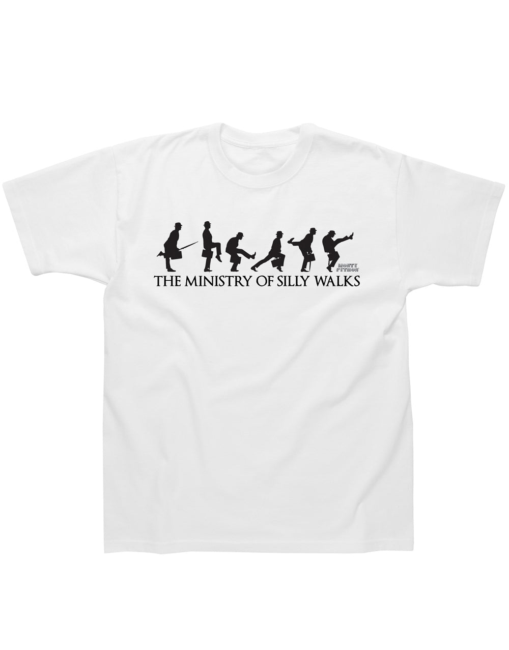 Monty Python ministry of silly walks graphic on a white adult t-shirt.