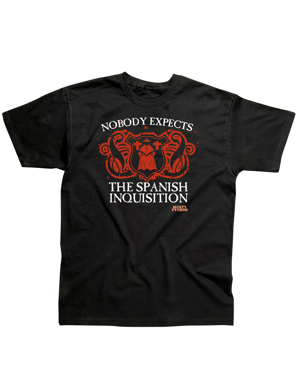 Monty Python Spanish Inquisition graphic on a black adult t-shirt.