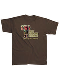 Monty Python my brain hurts graphic on a brown adult t-shirt.