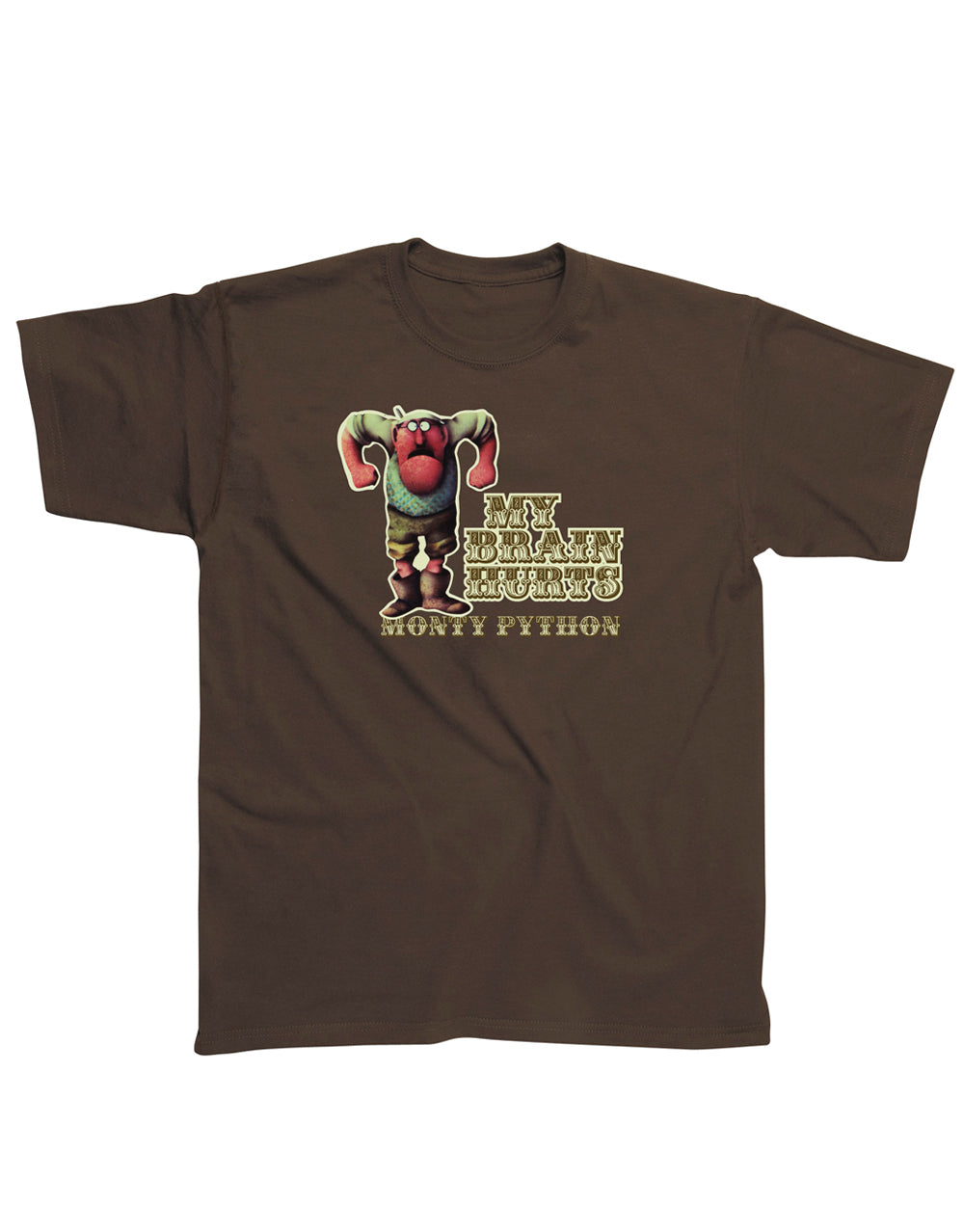 Monty Python my brain hurts graphic on a brown adult t-shirt.