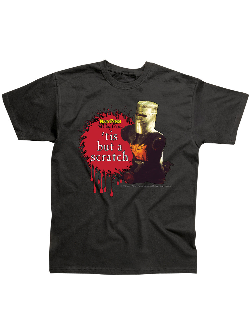 Monty Python tis but a scratch graphic on a black adult t-shirt.