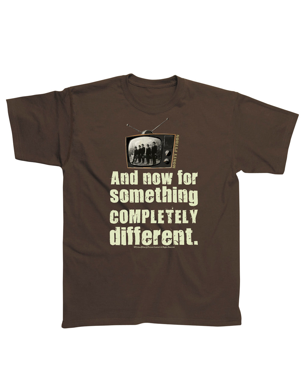 Monty Python completely different graphic on a brown adult t-shirt.